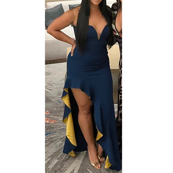 SYMPHONY Teal Long Tube Top Dress With Mustard Gold Ruffle Thigh High Slit - Picture 1 of 1